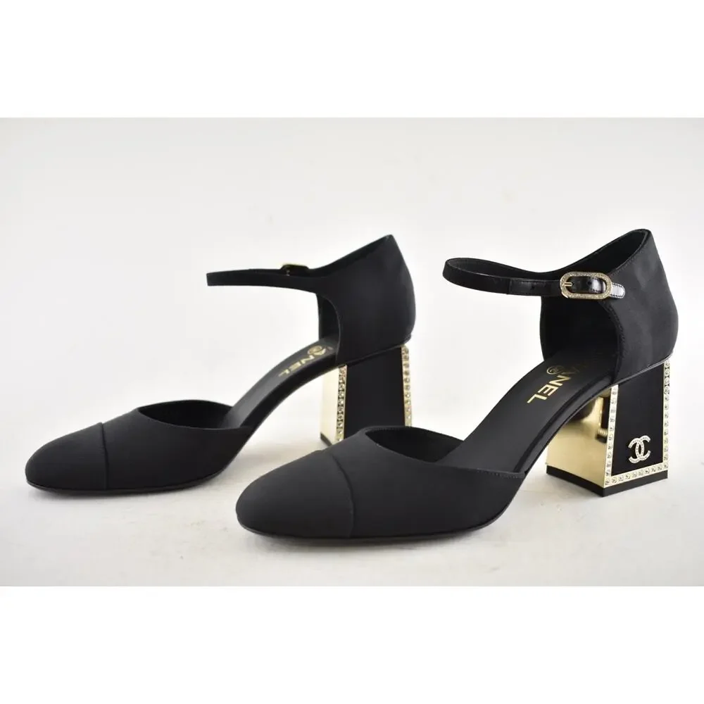 Chanel 24B Black Crystal CC Logo Gold Mary Jane Ankle Strap Block Heel Pumps 40 - Picture 15 of 16